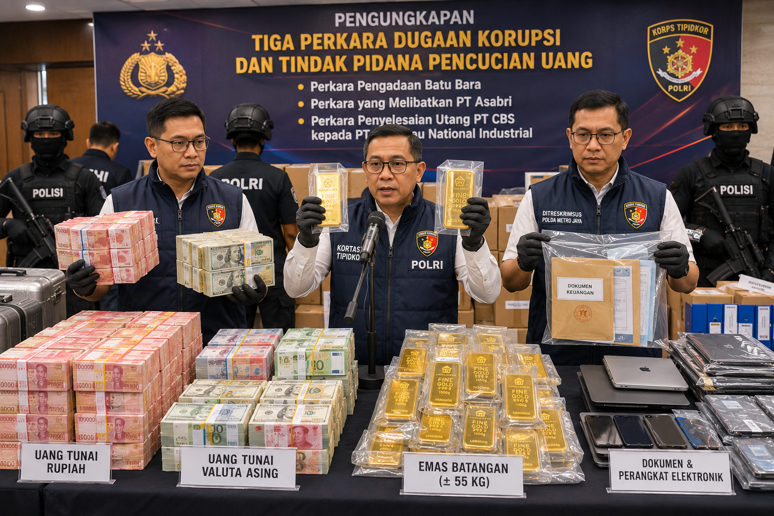 Polisi Sita Uang hingga 74 Kg Emas dalam Pengusutan Tiga Kasus Korupsi